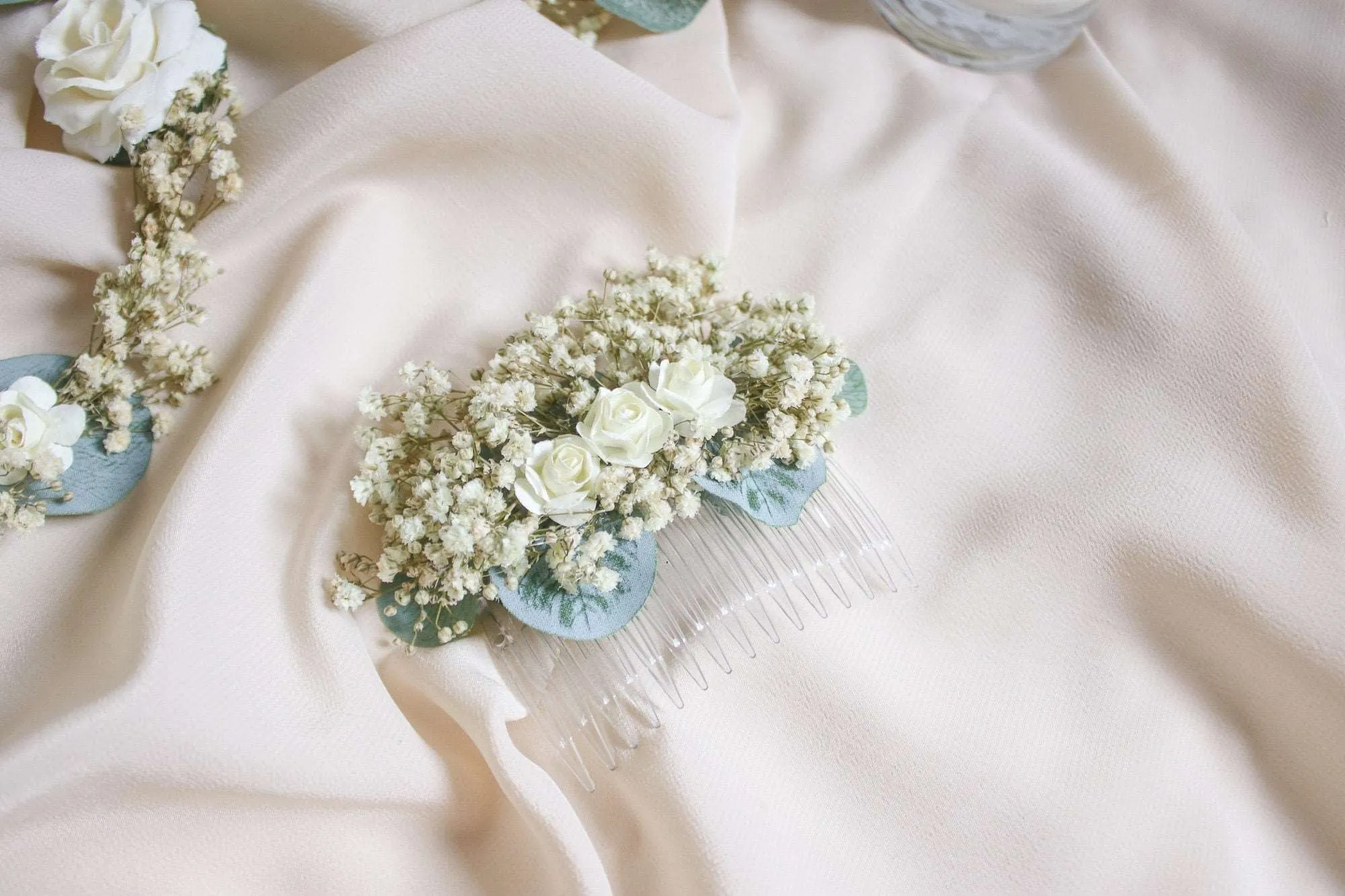 Baby's Breath & Eucalyptus Flower Crown Bridal Set, Baby's Breath