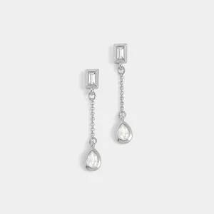 Baguette Stone Chain Drop Earrings - Silver