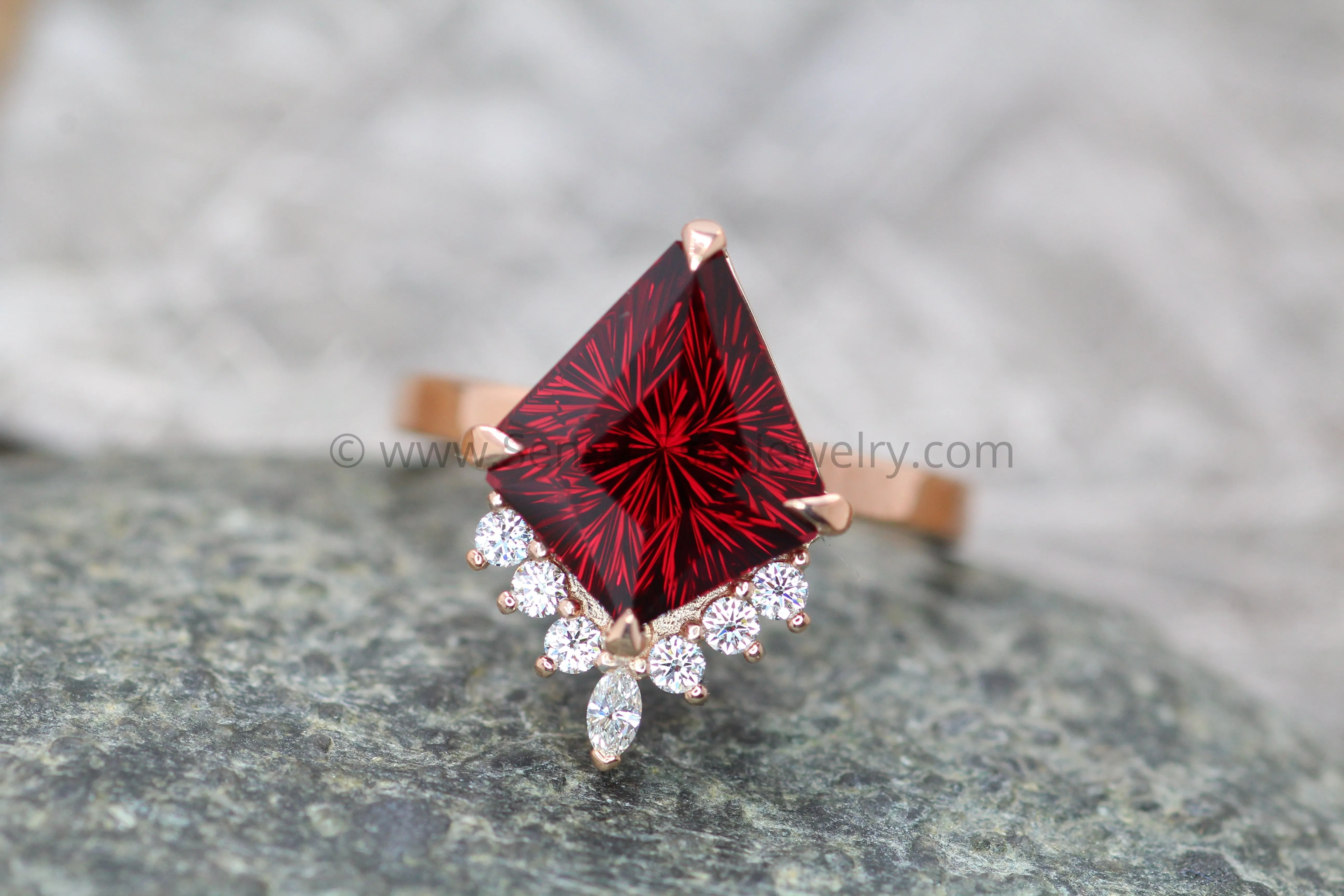 Basket Setting with Diamond Accents - Depicted with a  6.8 Carat Rhodolite Garnet (Setting Only, Center Stone Sold Separately)