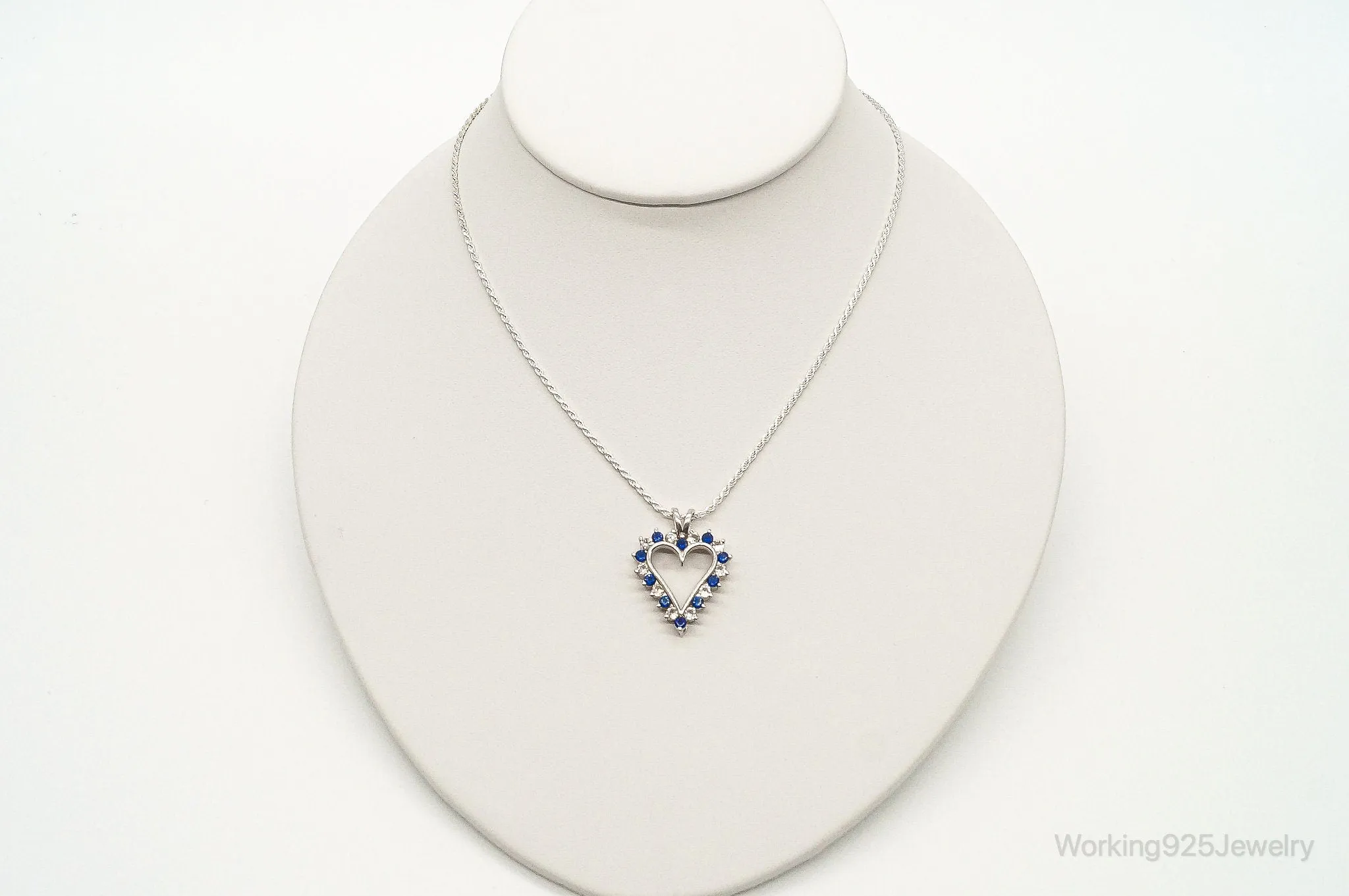 Blue & White Cubic Zirconia Heart Sterling Silver Necklace