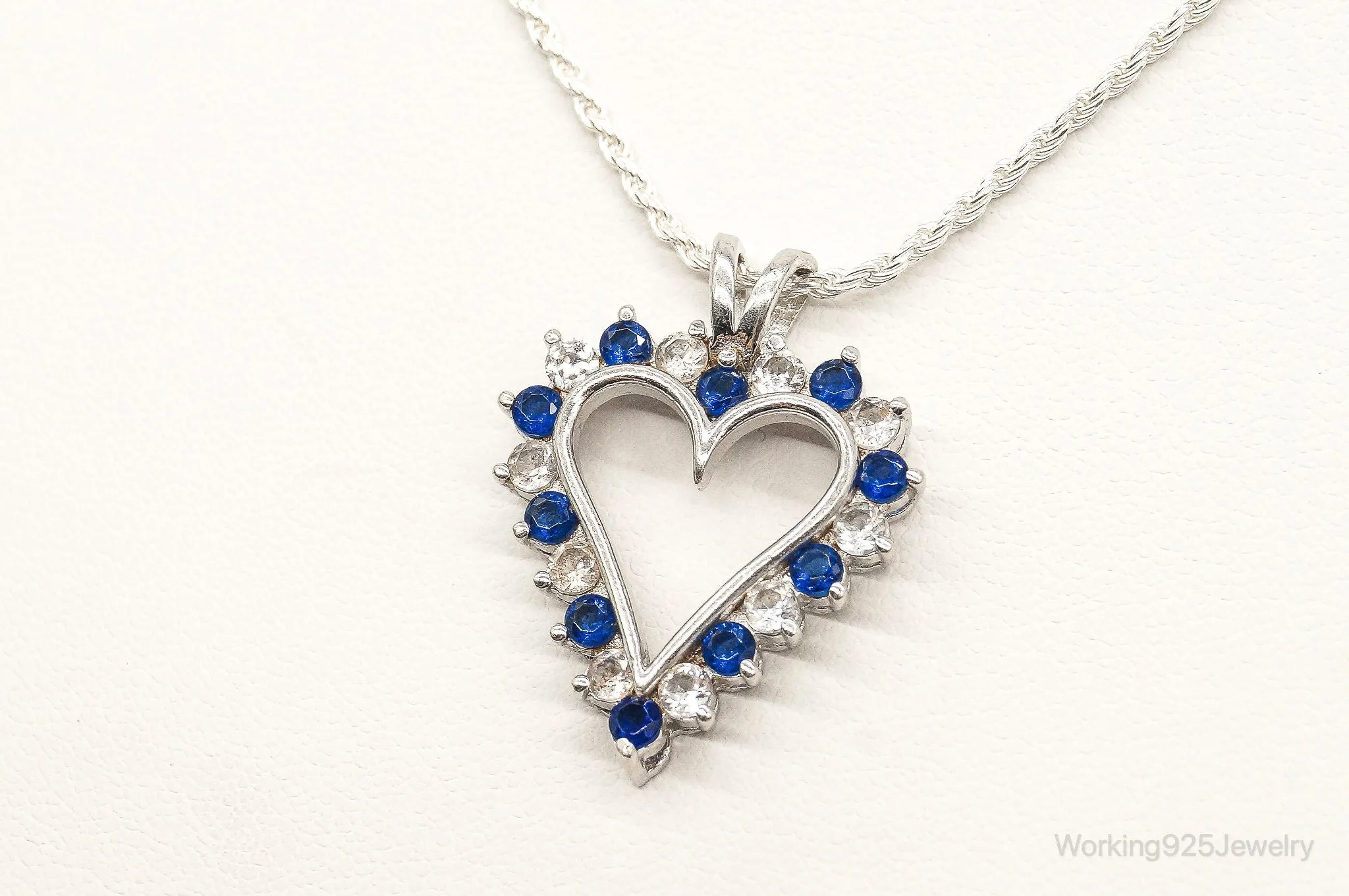 Blue & White Cubic Zirconia Heart Sterling Silver Necklace