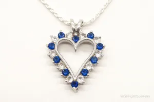 Blue & White Cubic Zirconia Heart Sterling Silver Necklace