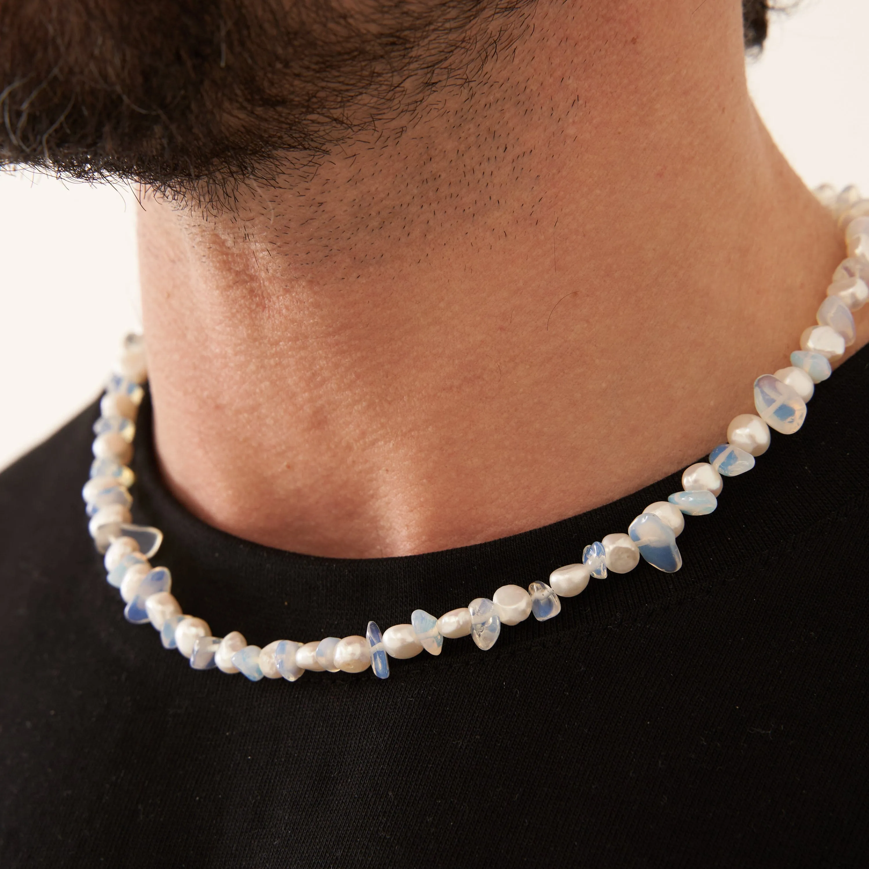 Blue Quartz Real Pearl Necklace (Gold)