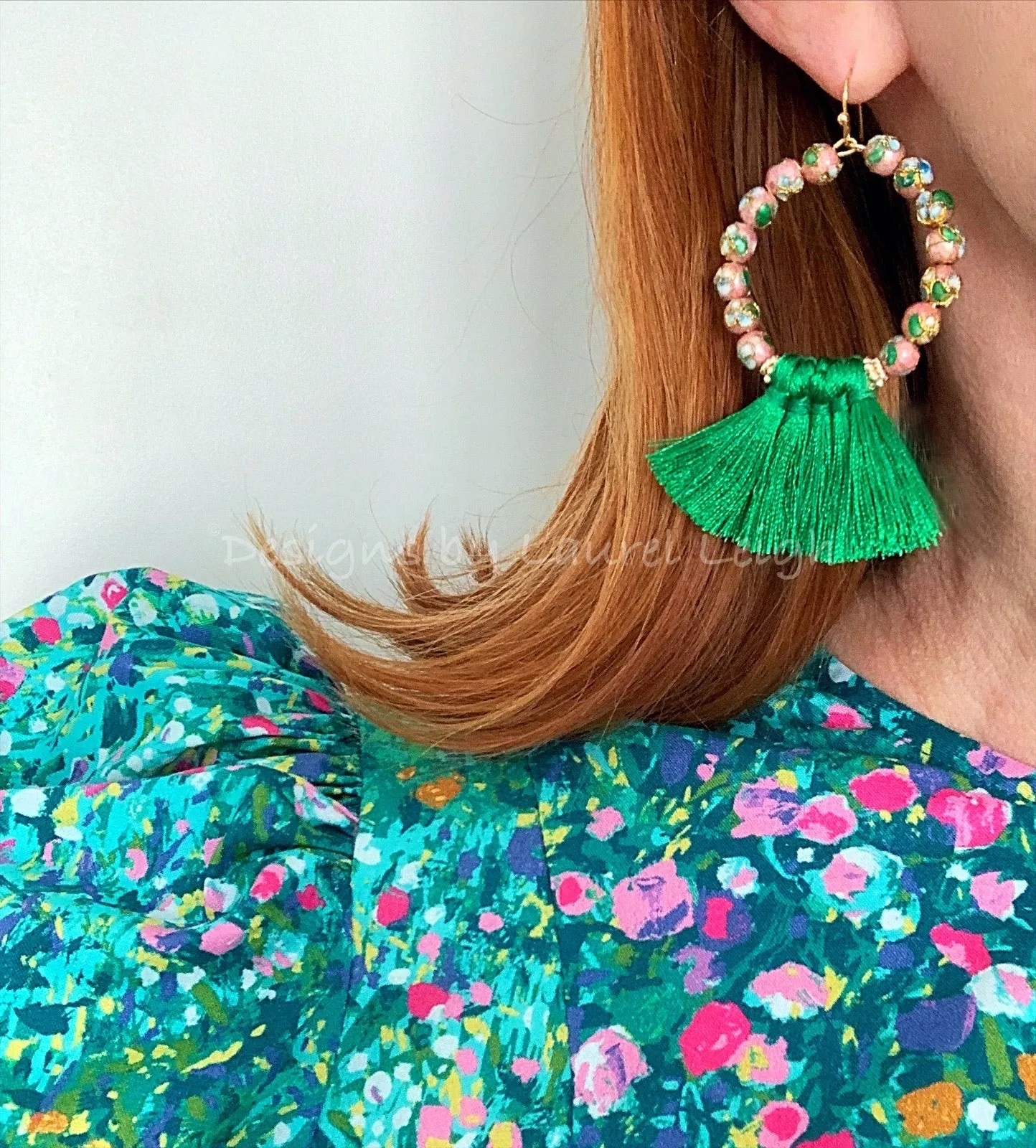 Blush Pink and Green Chinoiserie Cloisonné Tassel Earrings