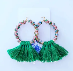 Blush Pink and Green Chinoiserie Cloisonné Tassel Earrings