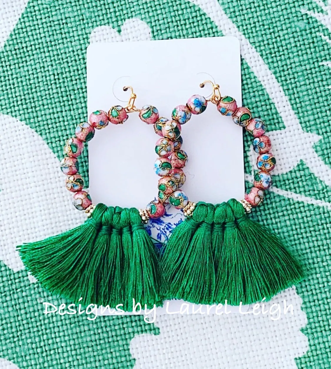 Blush Pink and Green Chinoiserie Cloisonné Tassel Earrings