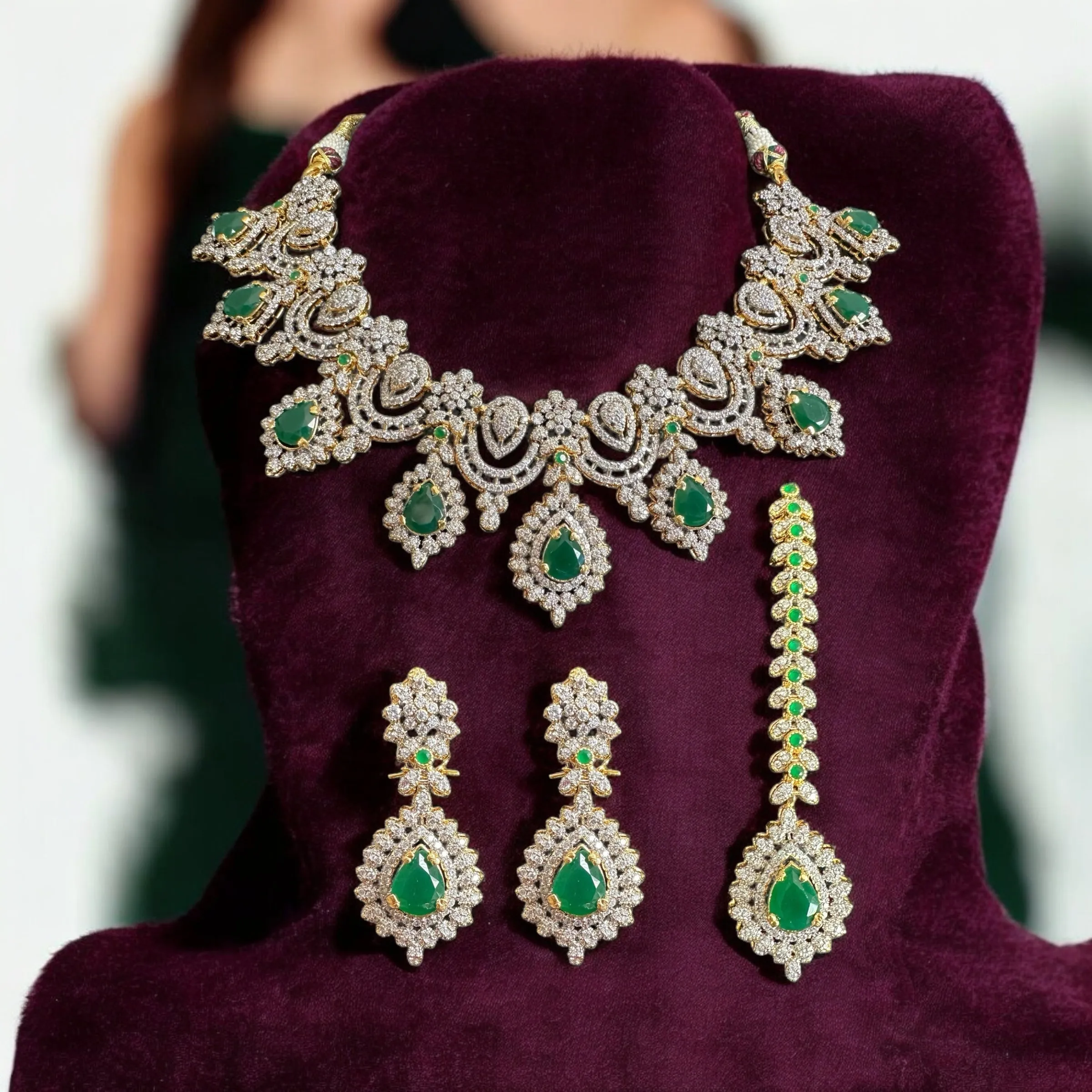 BR322  Emerald and zircon bridal set ( SHIPS IN 4 WEEKS )