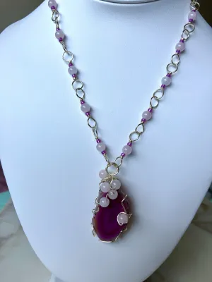 Brazilian Agate and Rose Quartz Pendant with Rose Quartz Wire Wrapped Necklace