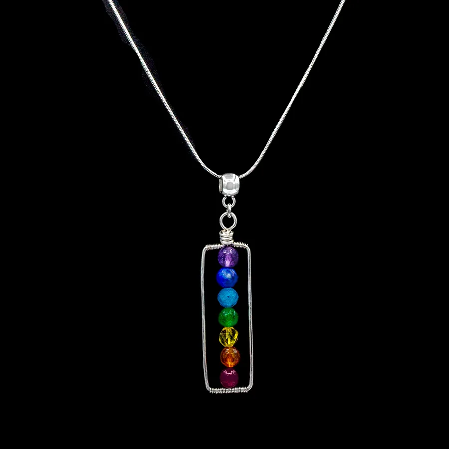 Chakra "Framed" Pendant Necklace in Silver: Amethyst, Sodalite, turquoise, Green Amethyst, citrine, carnelian, red calcedny