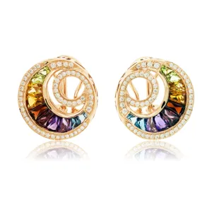 Circle Style Rainbow Mixed Gemstone & Diamond Earrings