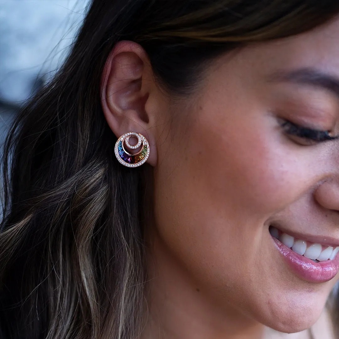 Circle Style Rainbow Mixed Gemstone & Diamond Earrings