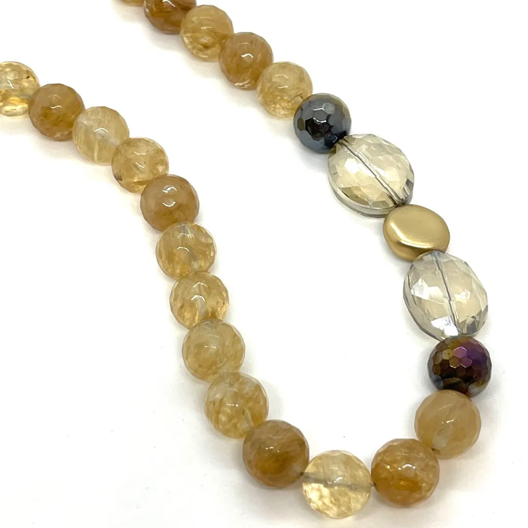 Citrine Quartz Necklace With Champagne Crystal And Tigers Eye Side Accents