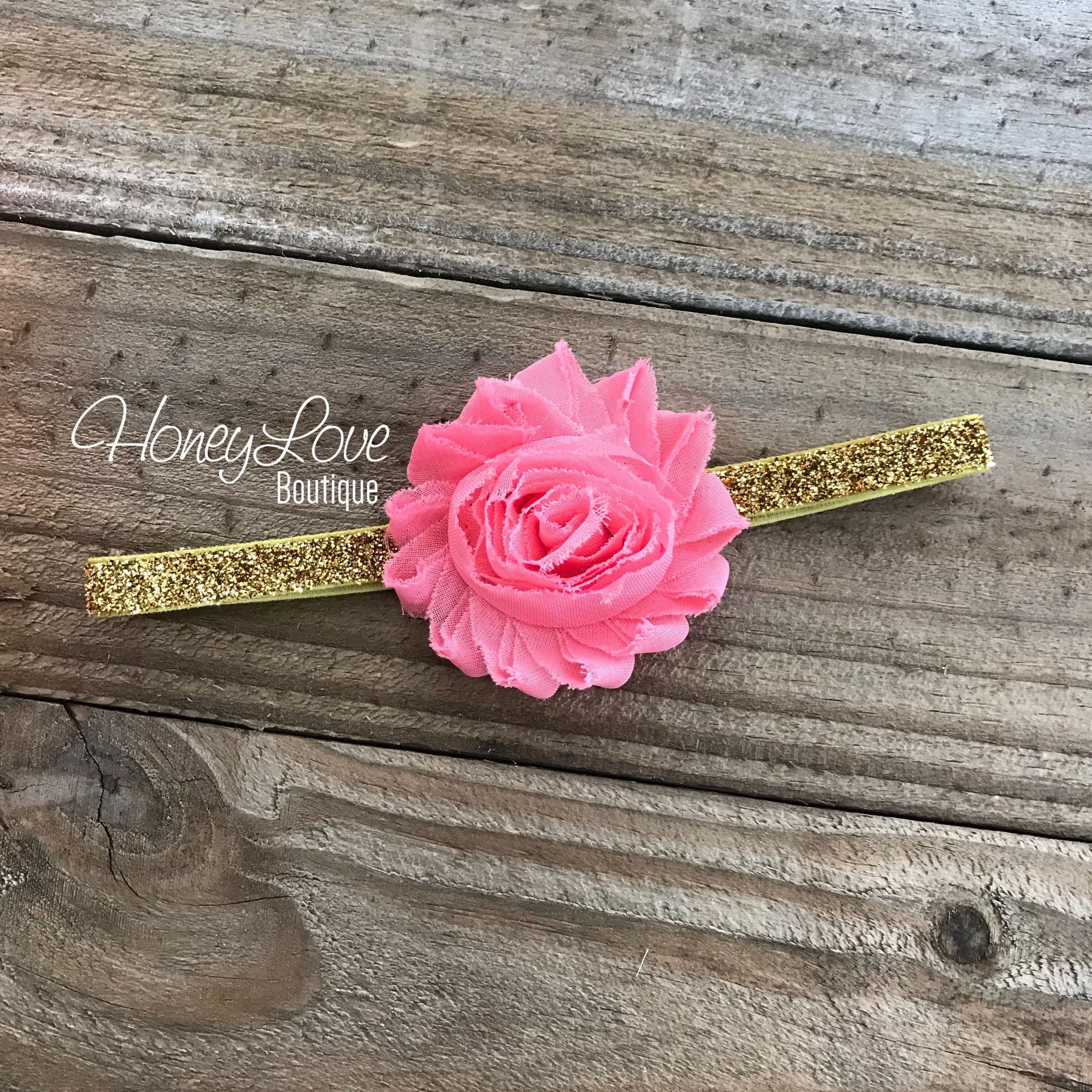 Coral Pink shabby flower headband - SILVER/GOLD glitter elastic