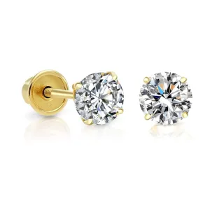 CZ 14K Solid Gold Stud Earrings / Screw Back Earrings / Kids Womens Jewelry / Gold Earrings for Everyday / Aretes en Oro Solido Real con Piedras de Zirconia Para Mujer