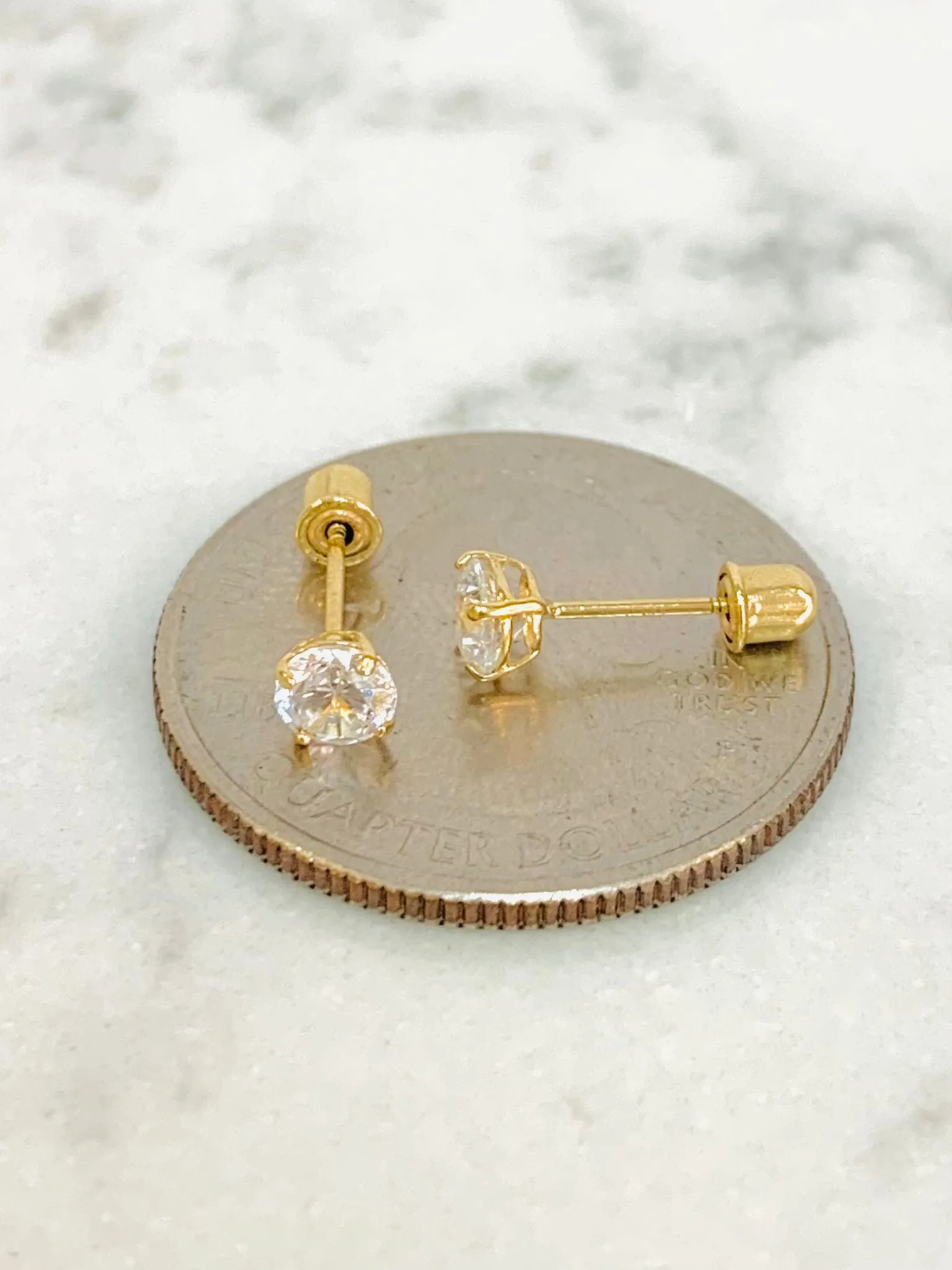 CZ 14K Solid Gold Stud Earrings / Screw Back Earrings / Kids Womens Jewelry / Gold Earrings for Everyday / Aretes en Oro Solido Real con Piedras de Zirconia Para Mujer