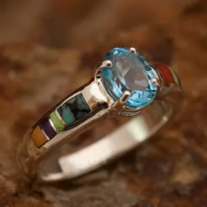 David Rosales Indian Summer Inlaid Sterling Silver Ring w/ Blue Topaz