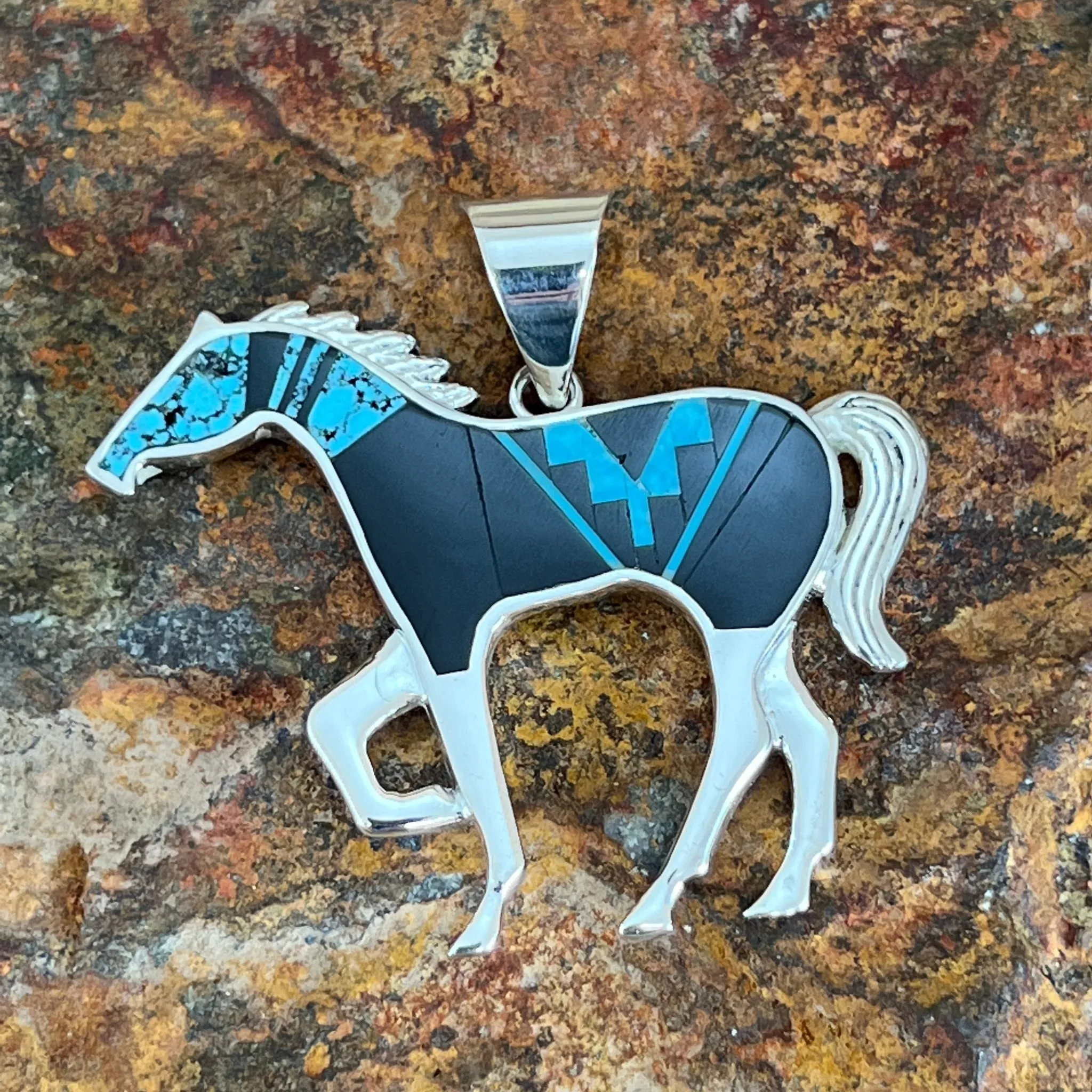 David Rosales Shadow Peak Inlaid Sterling Silver Pendant Horse