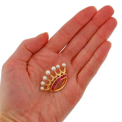 Early Retro 14kt Yellow Gold Ruby & Pearl Crown Pin