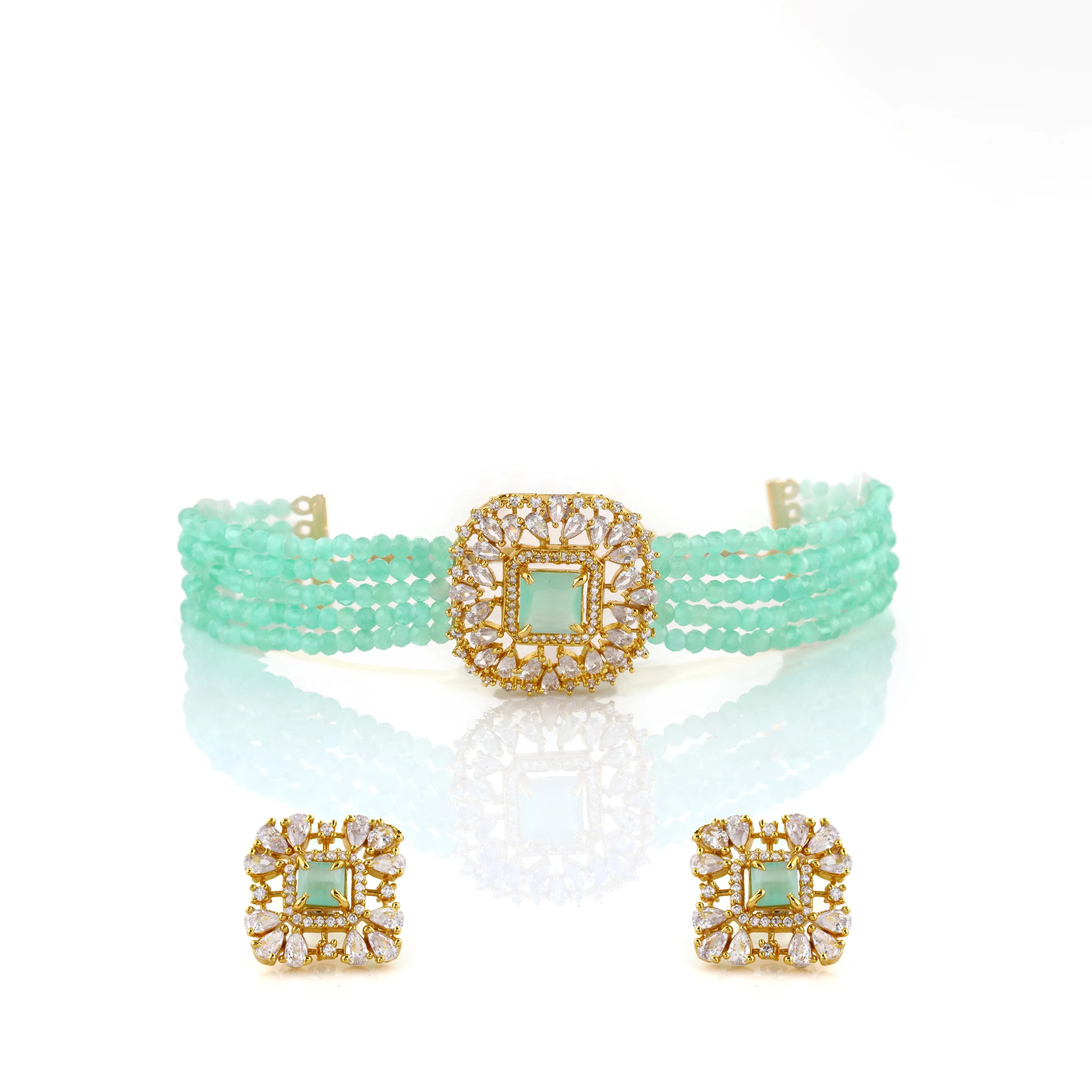 Estele Gold Plated CZ Square Shaped Mint Green Choker Necklace Set for Women (one piece)