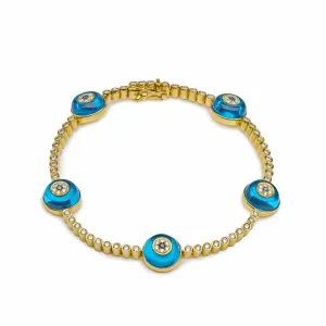 Evil Eye Blue Quartz and White Diamond Yellow Gold Bracelet