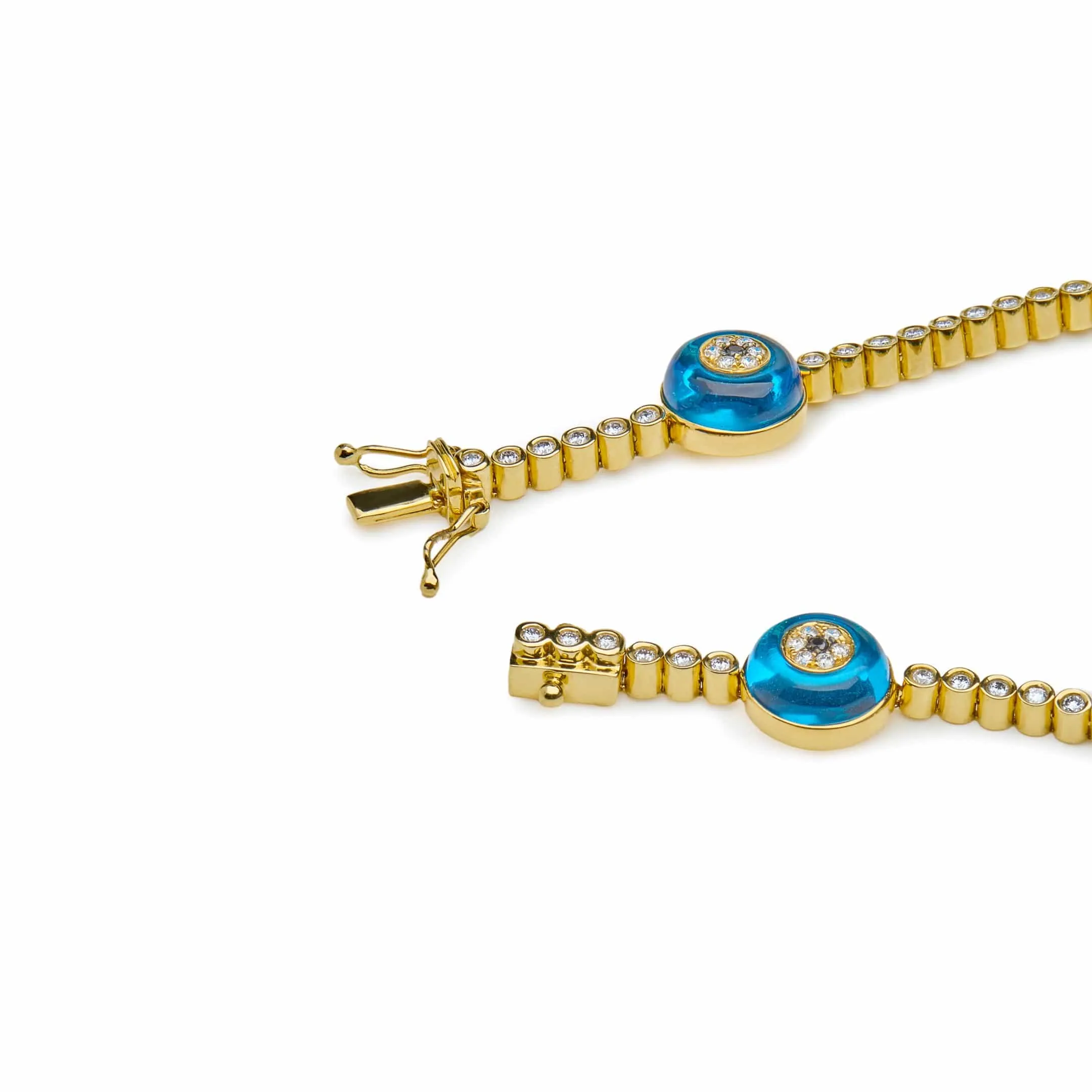 Evil Eye Blue Quartz and White Diamond Yellow Gold Bracelet