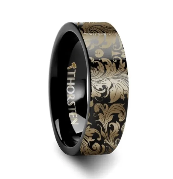 Filigree Leaf Pattern Black Tungsten Engraved Ring  - 8mm