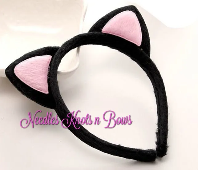 Girls Black Cat Ear Plush Headband, Black & Pink Hairband