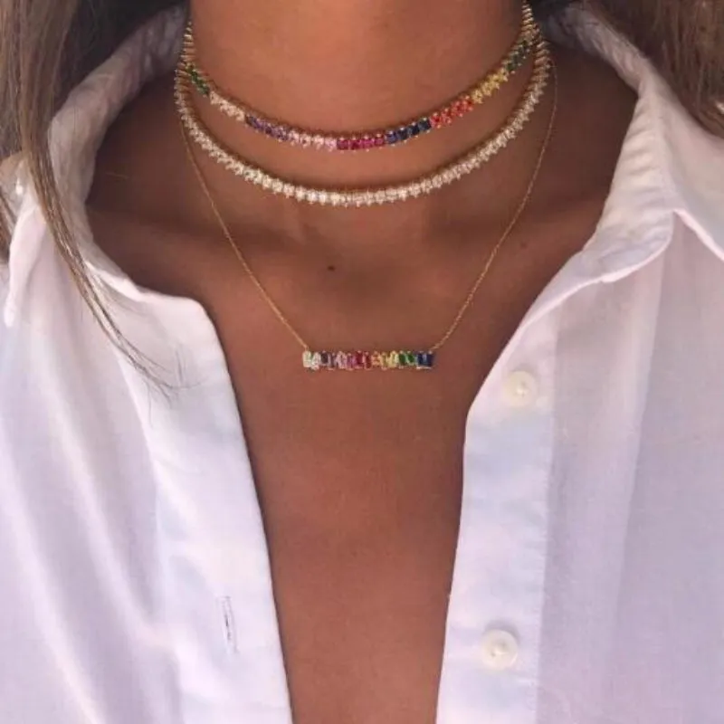 Glam Fashion Rainbow Zircon Embellished Choker Necklaces