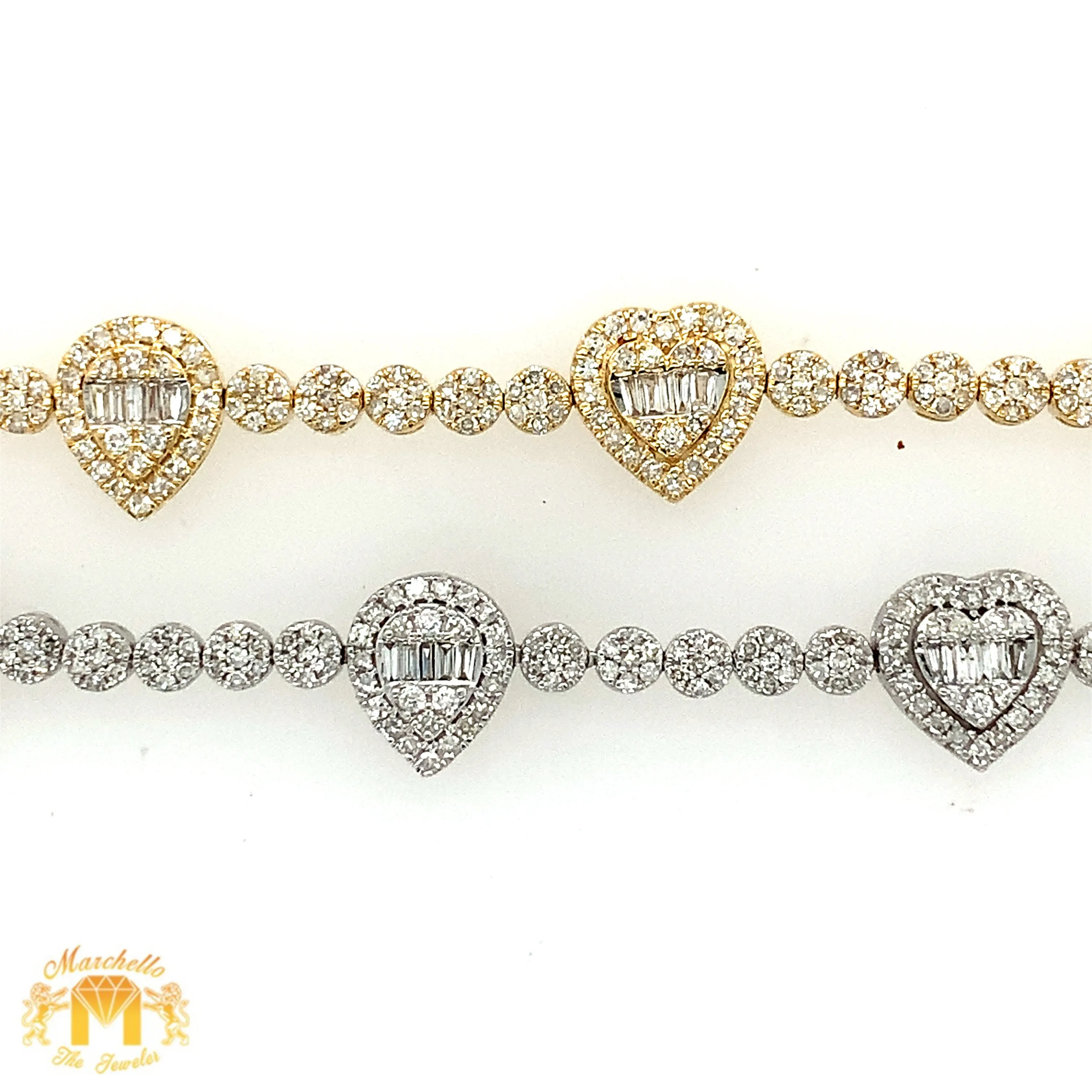 Gold and Diamond 10.4x3.5mm Tennis Bracelet with Hearts and Tear Drops with baguette and round diamonds  (pick gold color)