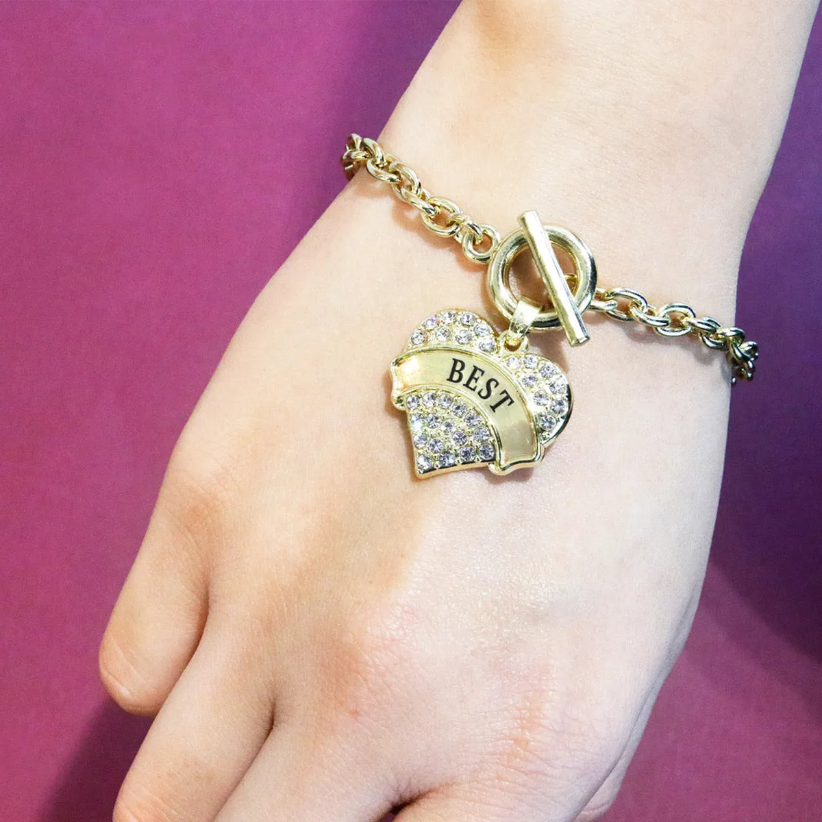 Gold Best Pave Heart Charm Toggle Bracelet