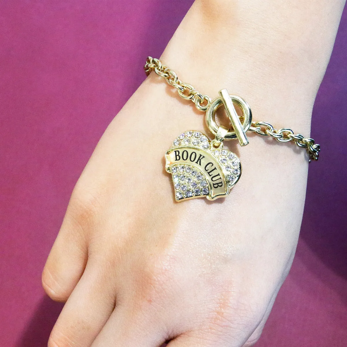 Gold Book Club Pave Heart Charm Toggle Bracelet