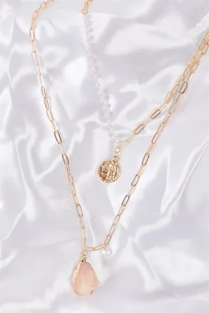 Gold Double Chain With Rose Quartz Faux Stone & Gold Stamp Pendant Necklace /3 Pieces