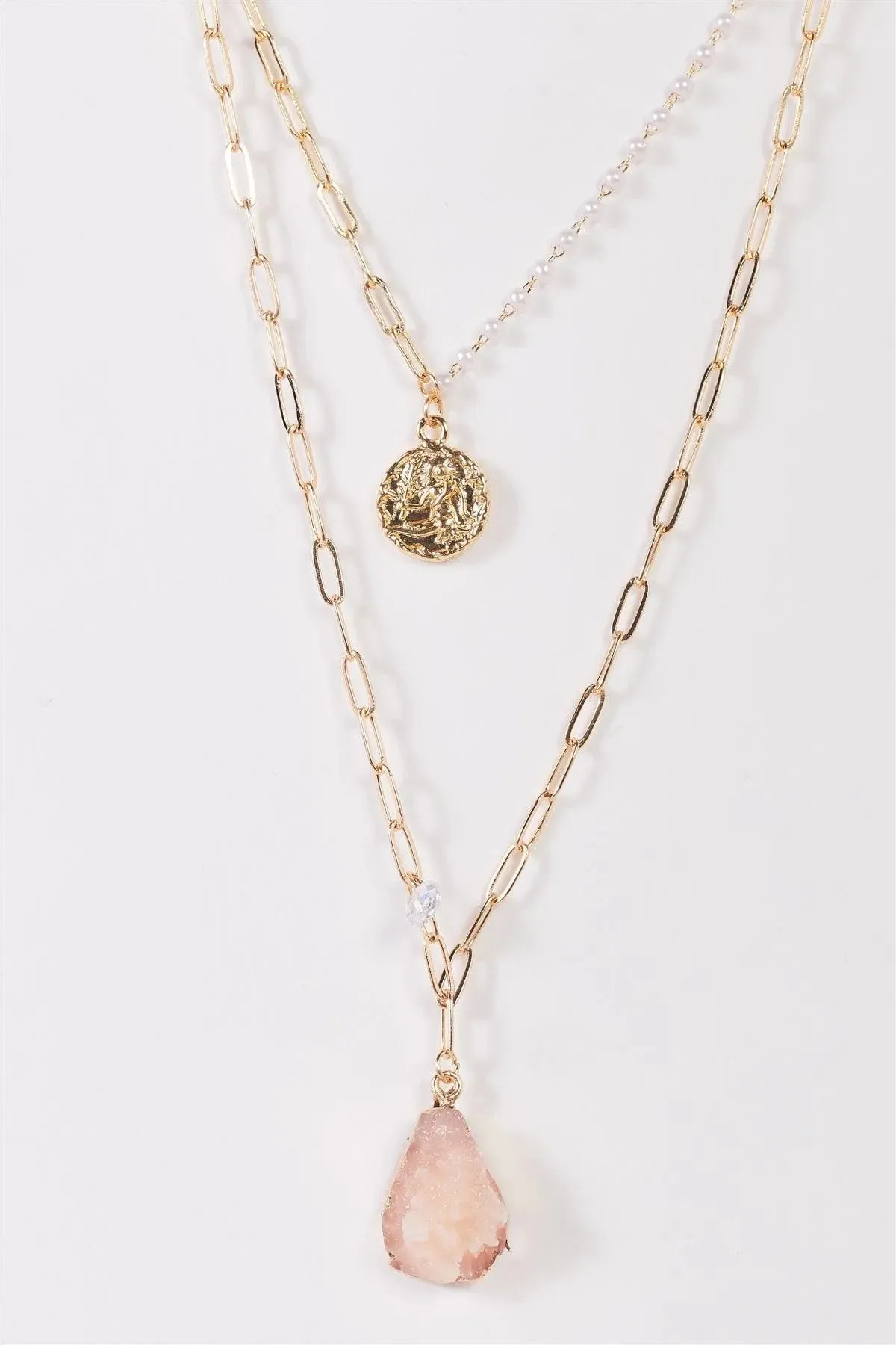 Gold Double Chain With Rose Quartz Faux Stone & Gold Stamp Pendant Necklace /3 Pieces