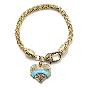 Gold Light Blue Flower Girl Pave Heart Charm Braided Bracelet