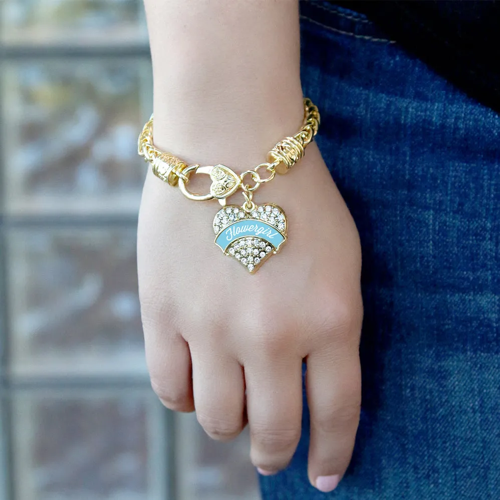 Gold Light Blue Flower Girl Pave Heart Charm Braided Bracelet