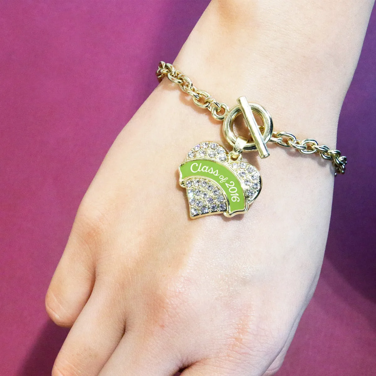 Gold Lime Green Class of 2016 Pave Heart Charm Toggle Bracelet