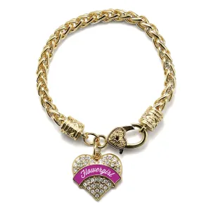 Gold Magenta Flower Girl Pave Heart Charm Braided Bracelet