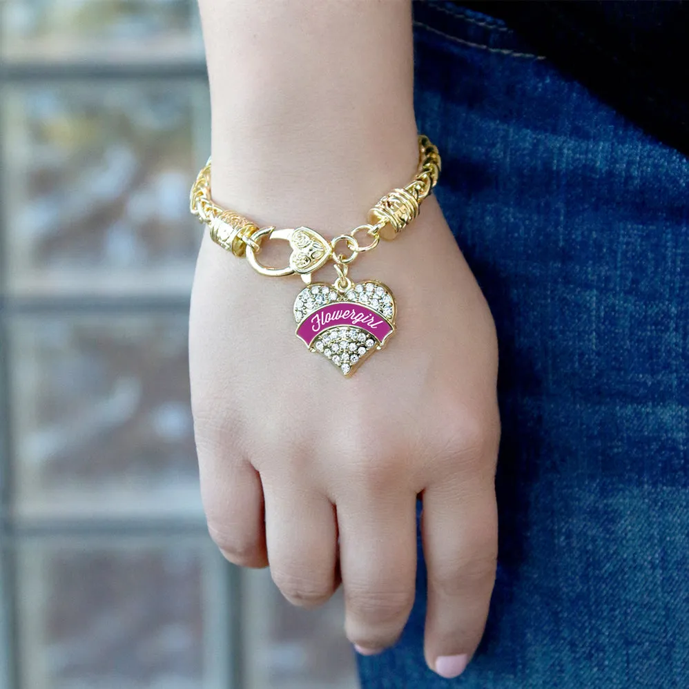 Gold Magenta Flower Girl Pave Heart Charm Braided Bracelet