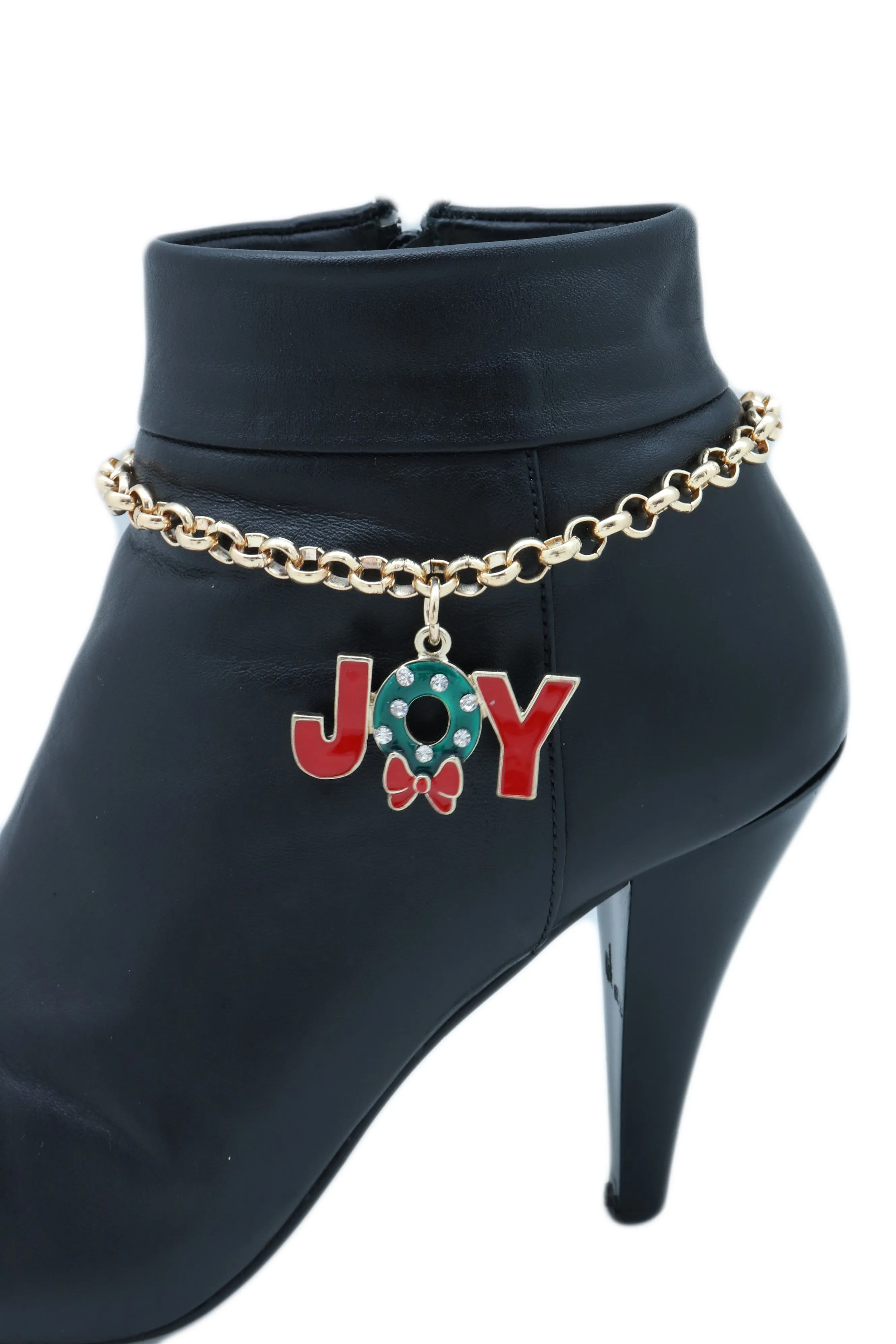 Gold Metal Chain Boot Bracelet Anklet Shoe Red JOY Charm Christmas Jewelry