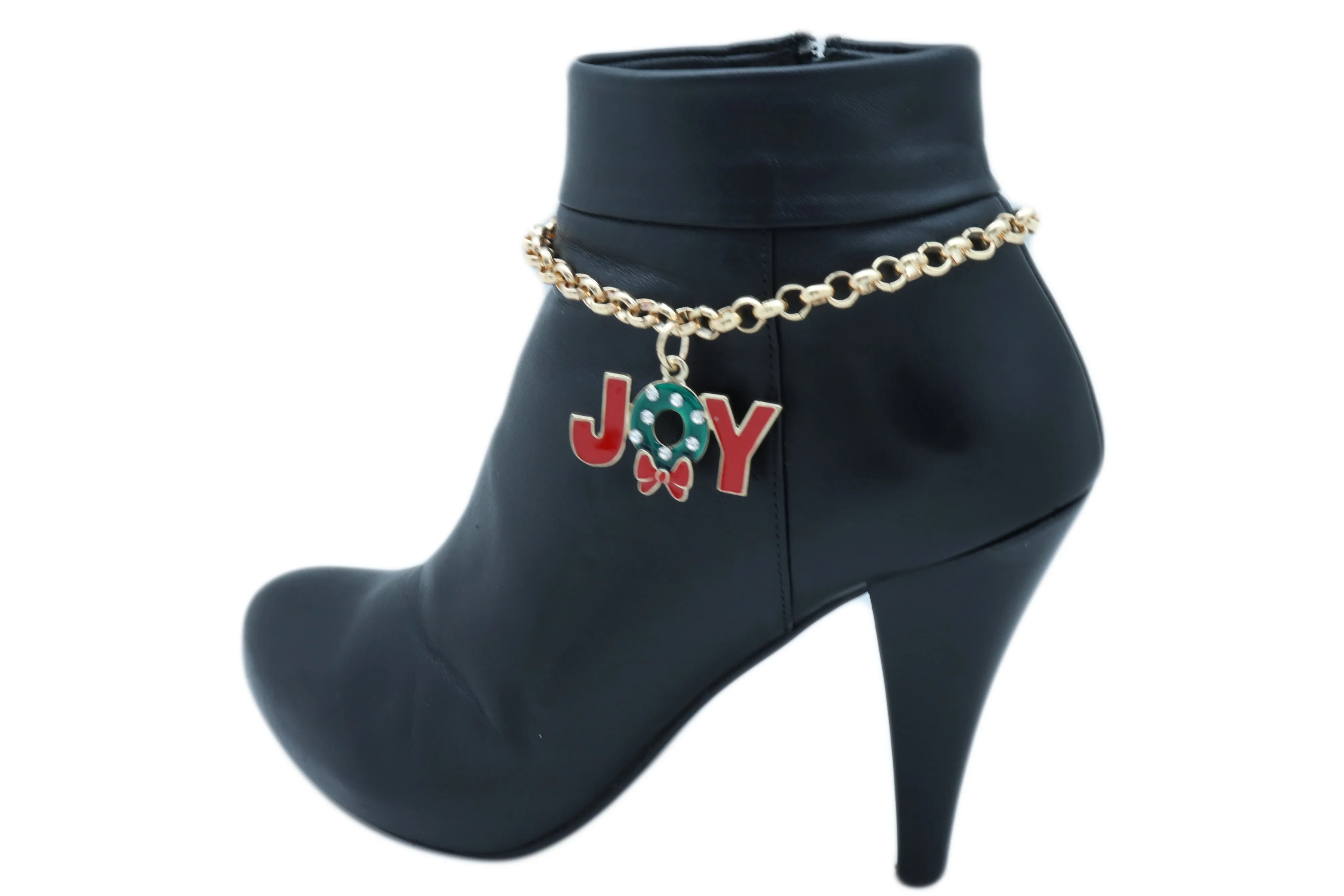 Gold Metal Chain Boot Bracelet Anklet Shoe Red JOY Charm Christmas Jewelry