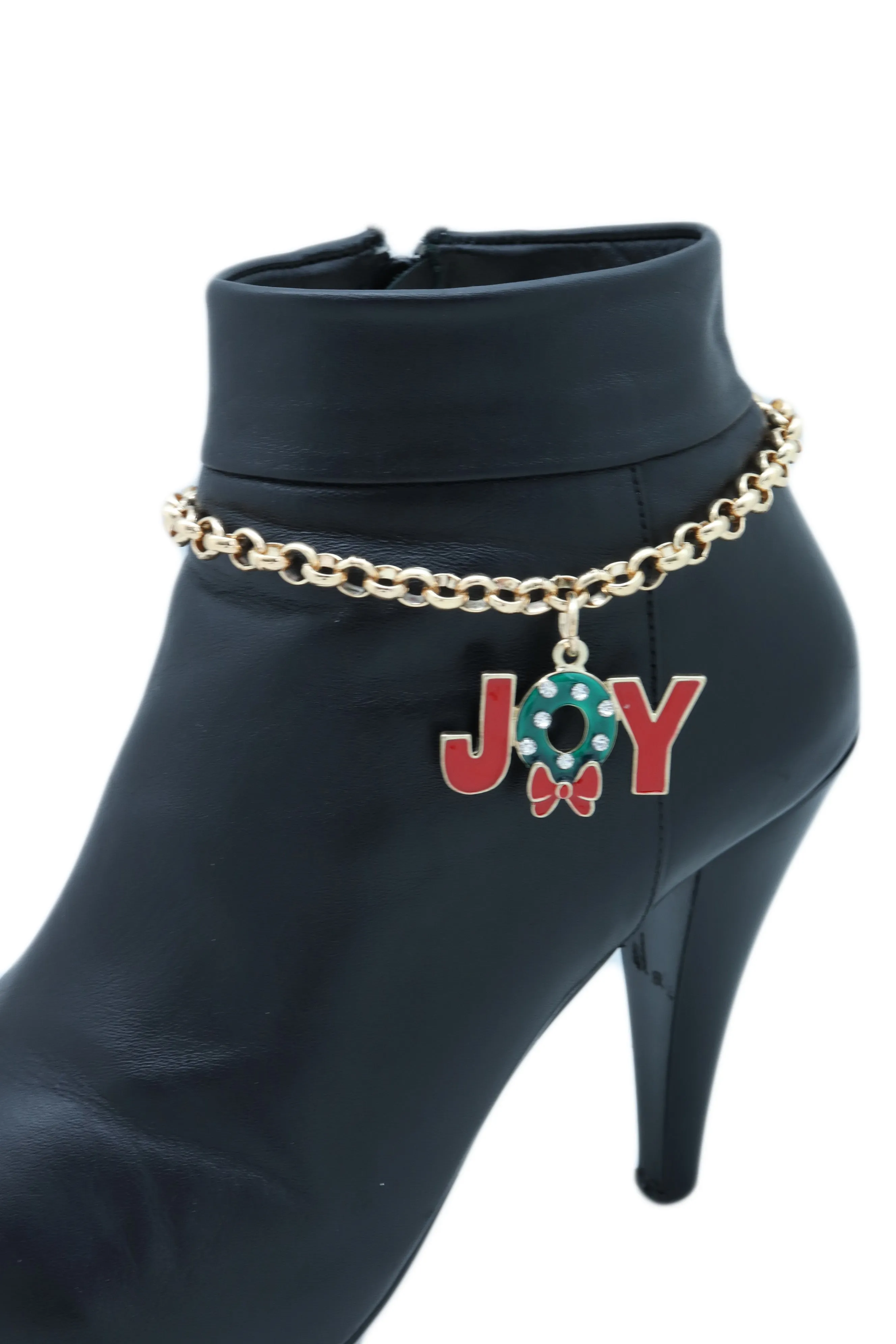 Gold Metal Chain Boot Bracelet Anklet Shoe Red JOY Charm Christmas Jewelry