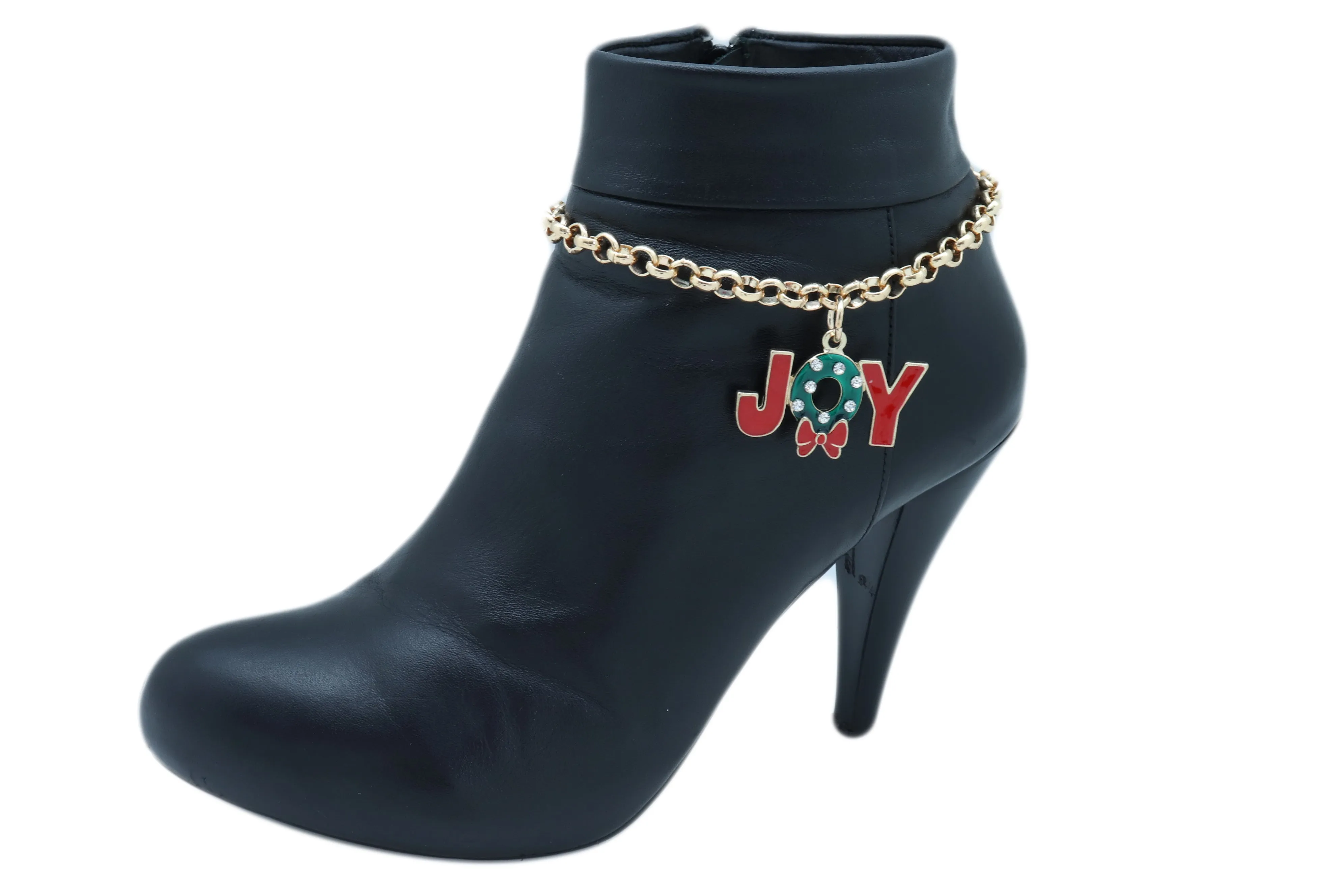 Gold Metal Chain Boot Bracelet Anklet Shoe Red JOY Charm Christmas Jewelry