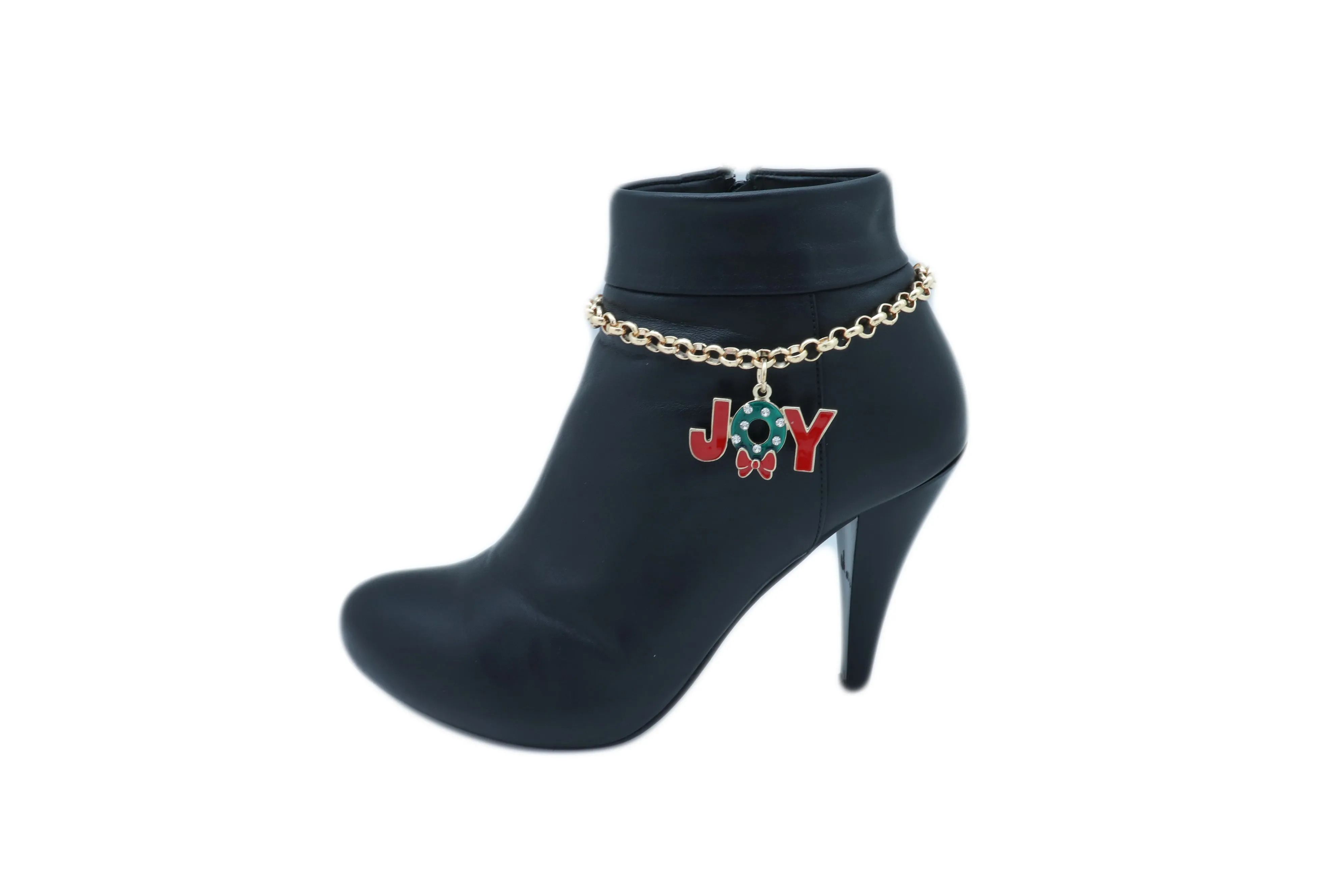 Gold Metal Chain Boot Bracelet Anklet Shoe Red JOY Charm Christmas Jewelry