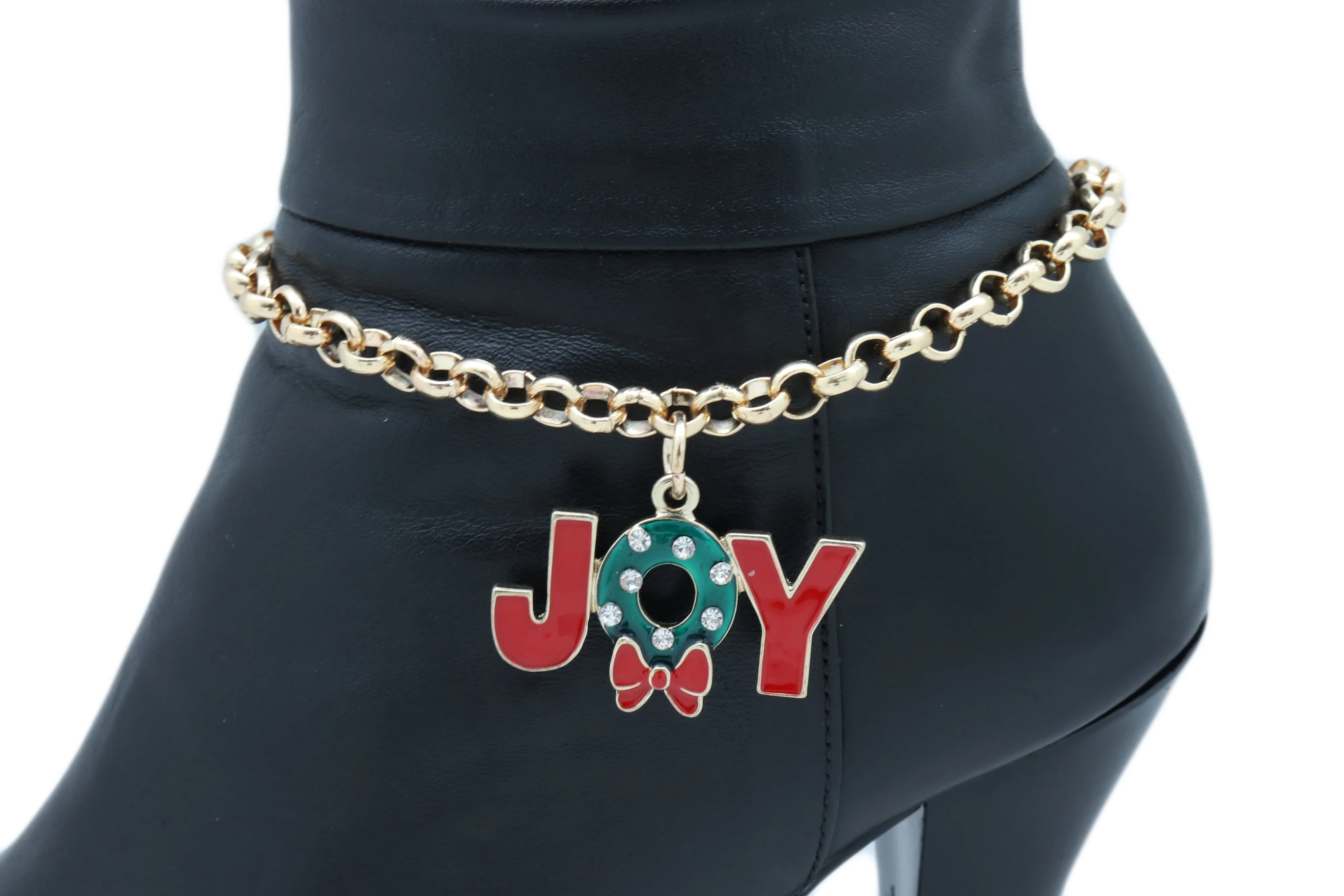 Gold Metal Chain Boot Bracelet Anklet Shoe Red JOY Charm Christmas Jewelry