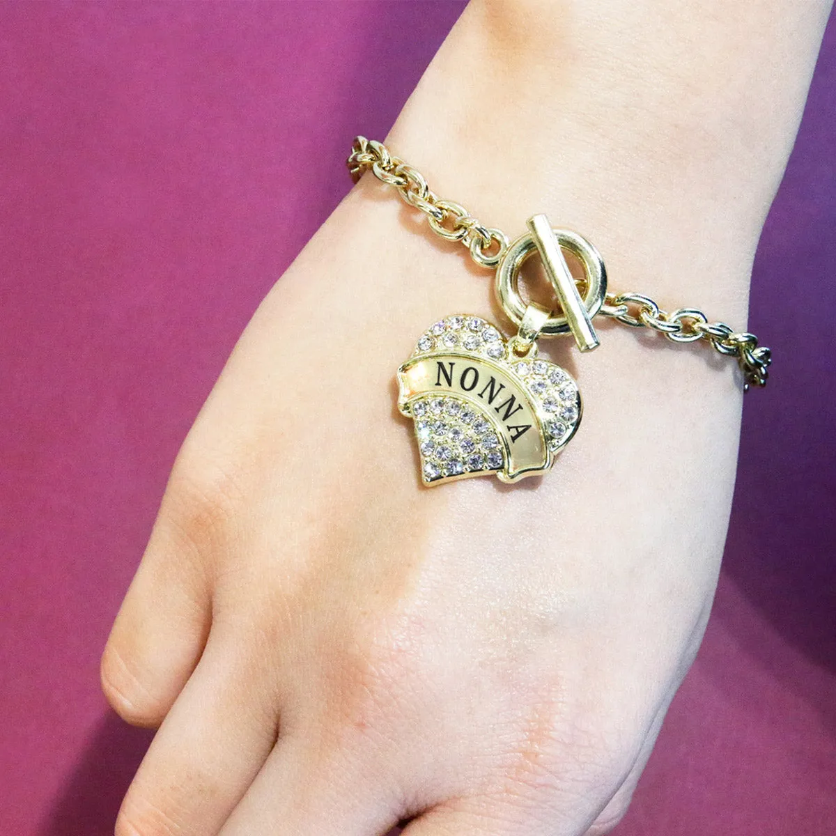 Gold Nonna Pave Heart Charm Toggle Bracelet