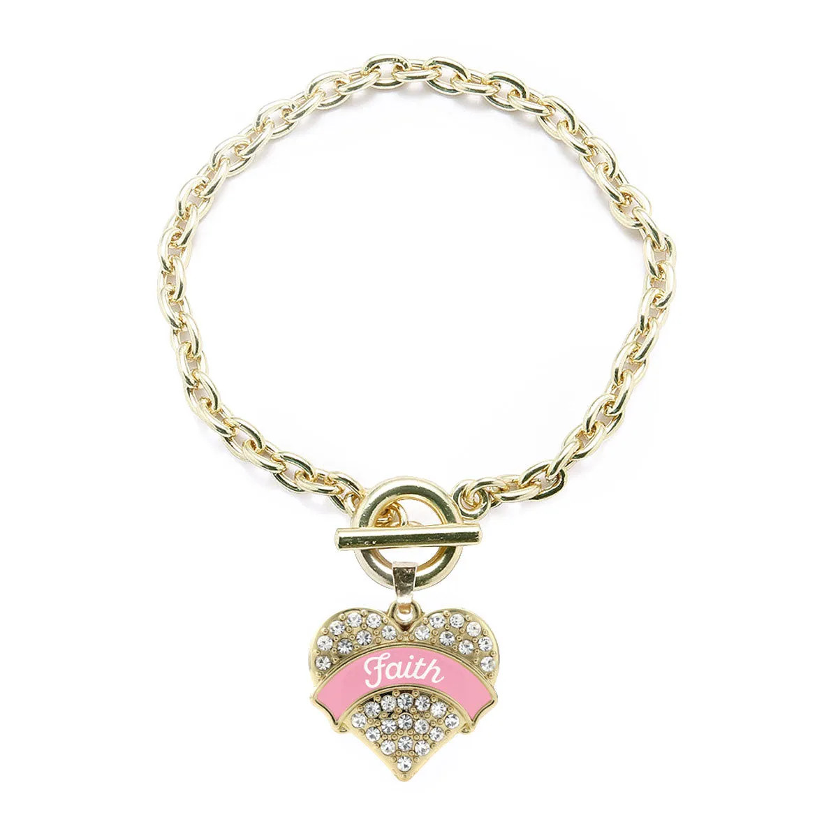 Gold Pink Script Faith Breast Cancer Support Pave Heart Charm Toggle Bracelet