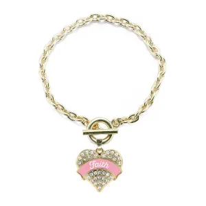 Gold Pink Script Faith Breast Cancer Support Pave Heart Charm Toggle Bracelet