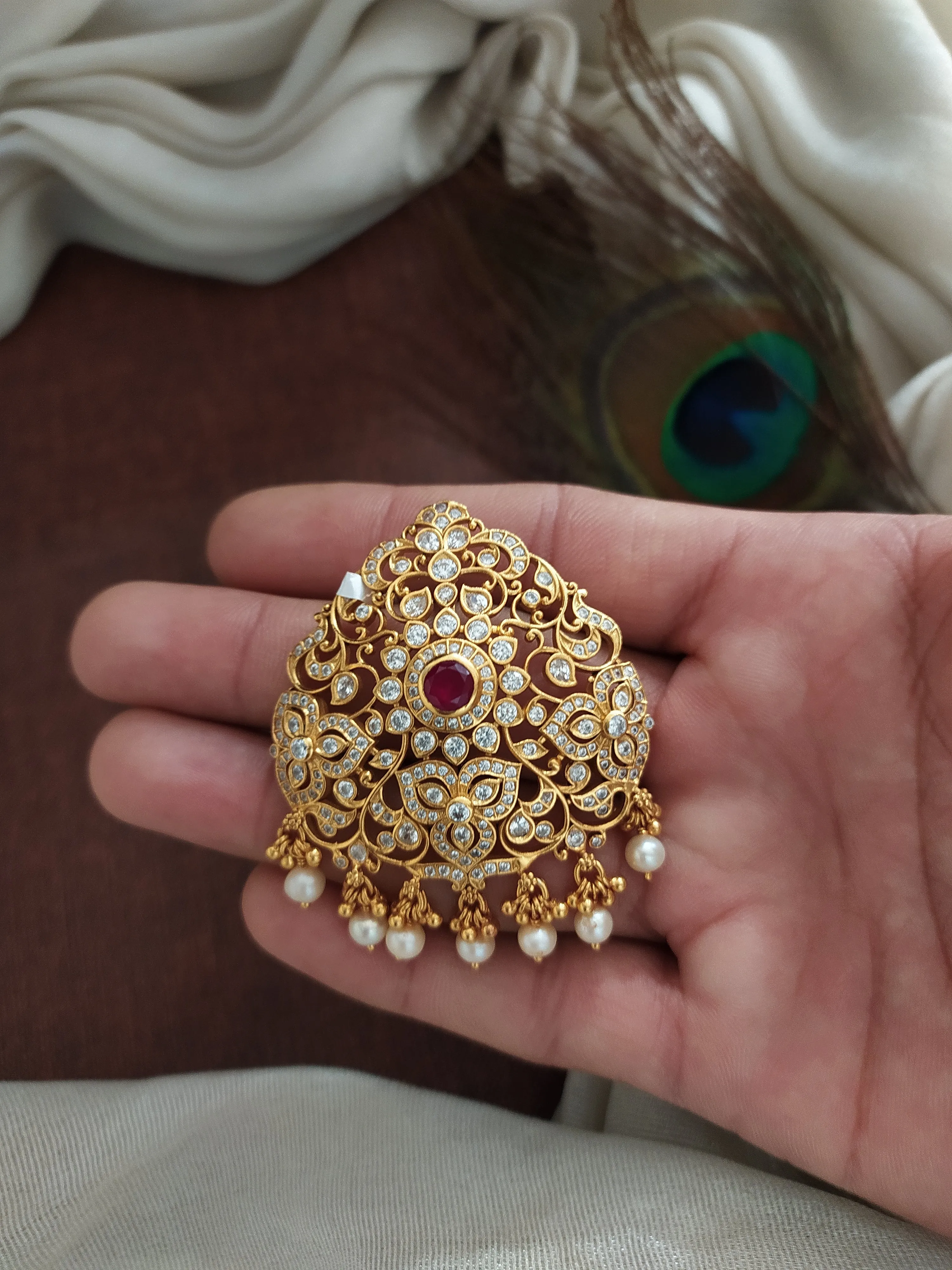 Gold-Plated Pure Silver Pendant with 92.5 Hallmark, Pearl Drops & Semi-Precious Stones