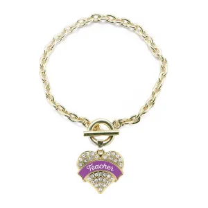 Gold Purple Teacher Pave Heart Charm Toggle Bracelet