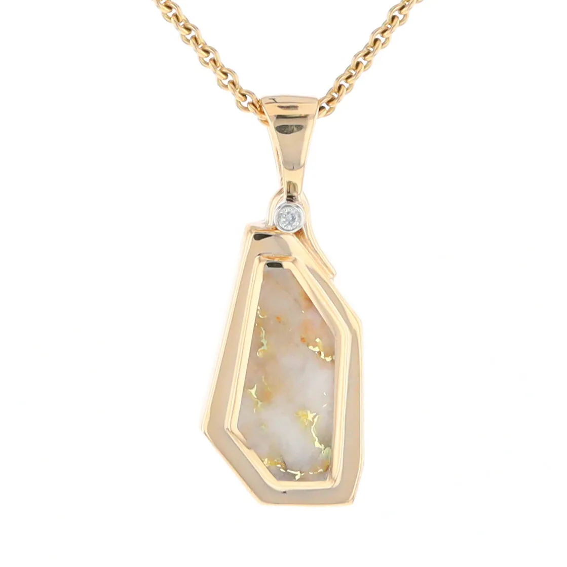 Gold Quartz Necklace .02ct Diamond Geometric Inlaid Design Pendant